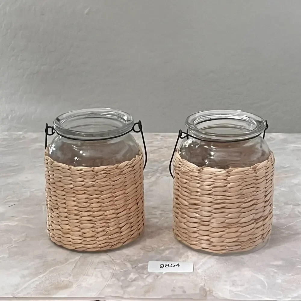 Wicker Glass Jar With Black Metal Handle Multi-Purpose Candle Plant Boho